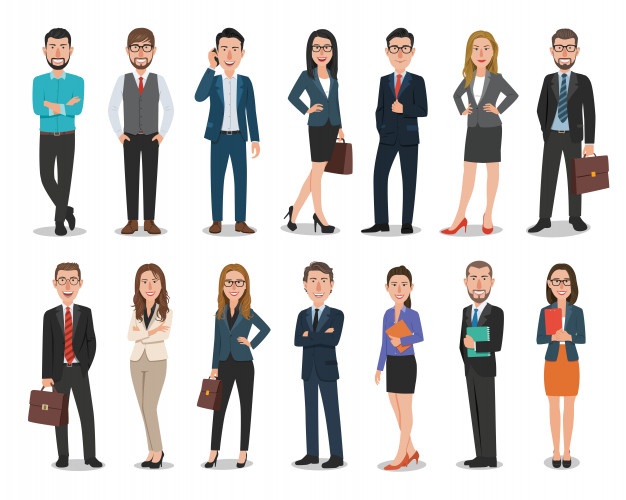 Group of business men and business women characters working in office
