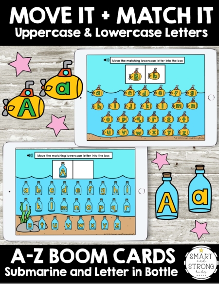 Boom Cards: Letters - Move It and Match It with Submarine and Message in a Bottle theme includes 26 Boom Cards per theme to work on matching uppercase and lowercase letters.